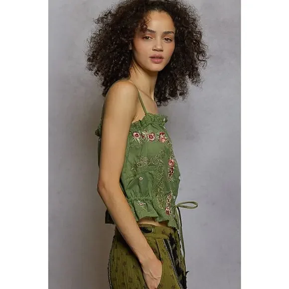 "Delight" Embroidered Poplin Top in Grass Green - Picture 4 of 5